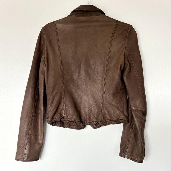 BCBGMAXAZRIA Brown Leather Moto Jacket Small Distressed Zip Pockets Boho Biker - Picture 8 of 9